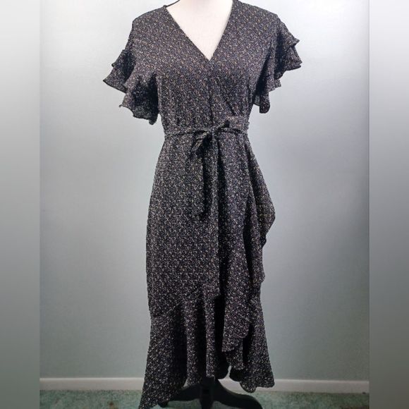 Max Studio Psychedelic Dots Pattern Wrap Ruffle Dress Western Casual - Picture 1 of 7